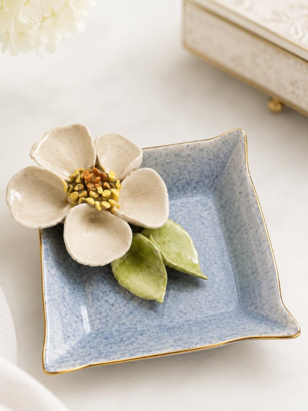 Dalicean Ware Miniature Ceramic Dish Blue Pink Flower Made in Canada Home Decor